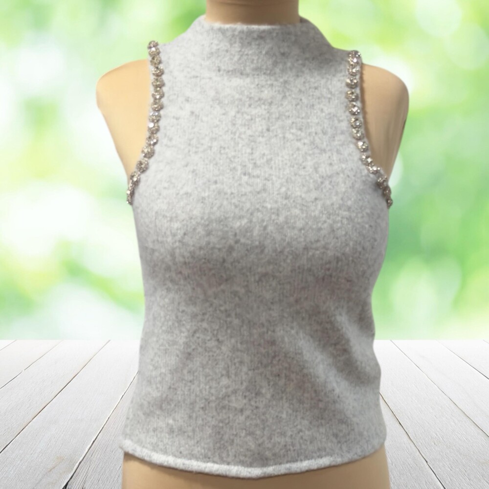New HOUSE OF HARLOW 1960 Rhinestone Trim Sweater Sleeveless Mock Neck Glam Sz S